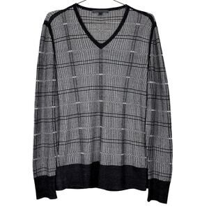 John Varvatos V Neck Knit Sweater Gray White Check Linen Viscose Silk Medium